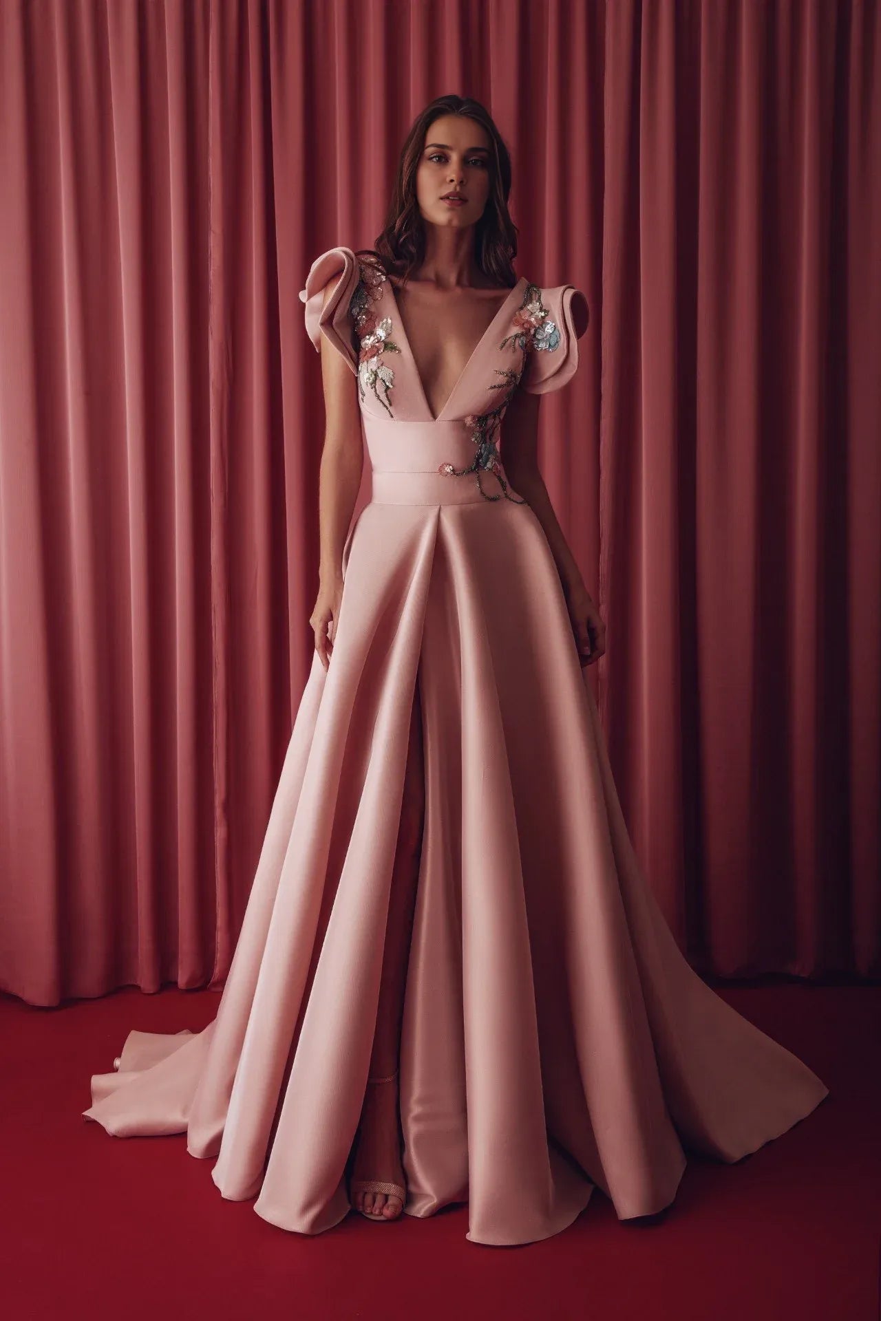 Prom Dresses Stores Sleeveless A-line Ruffled Cap Sleeves Colorful Floral Embroidery Pink Backless Prom Dress Formal Women's Dresses